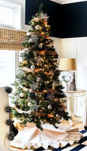 Rustic Christmas tree with DIY drop cloth ruffled skirt